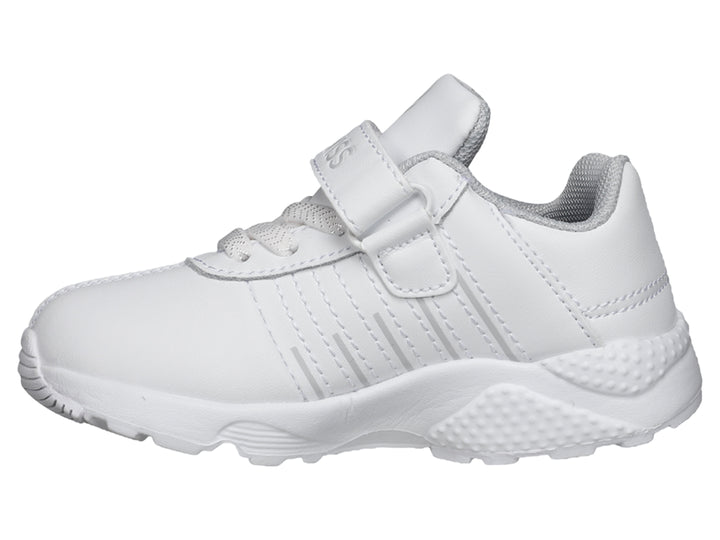 Tenis deportivos K-Swiss color blanco con correa de velcro.