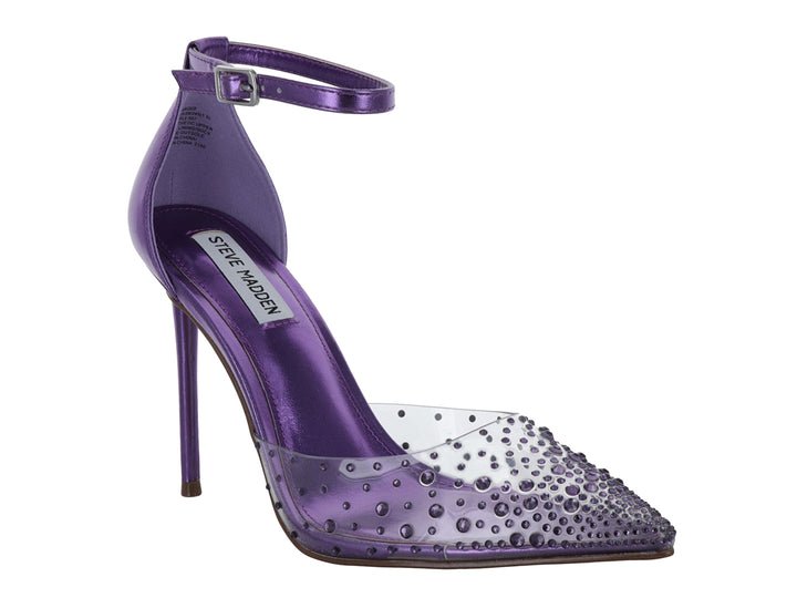 Zapato de tacón alto Steve Madden en color morado brillante con punta transparente adornada con cristales y correa al tobillo.