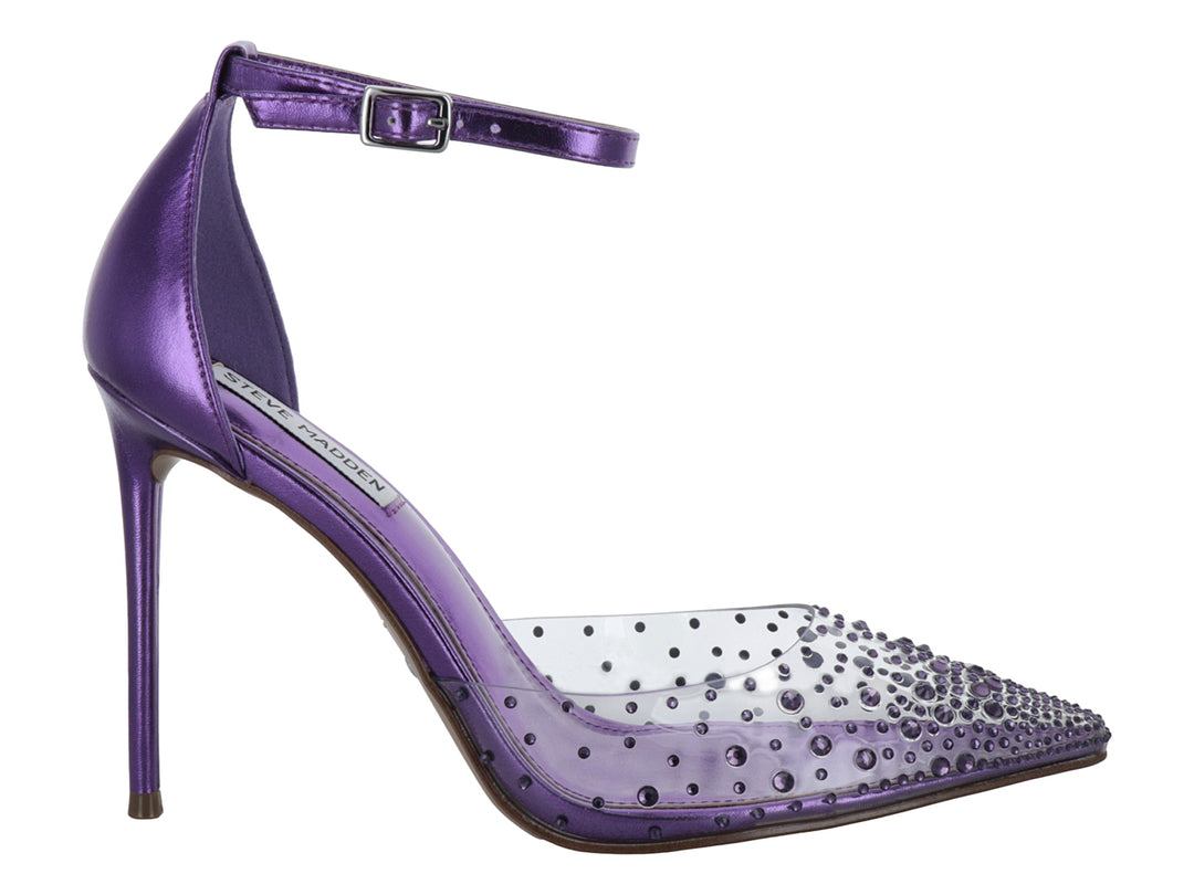 Zapato de tacón alto Steve Madden en color morado brillante con punta transparente adornada con cristales y correa al tobillo.