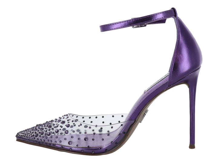 Zapato de tacón alto Steve Madden en color morado brillante con punta transparente adornada con cristales y correa al tobillo.