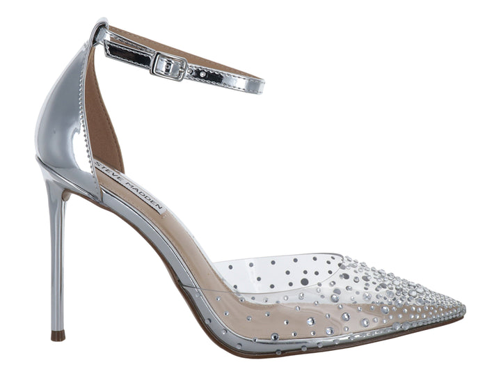 Zapato de tacón alto color plata y transparente con pedrería y correa al tobillo.