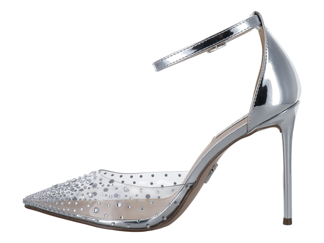 Zapato de tacón alto color plata y transparente con pedrería y correa al tobillo.