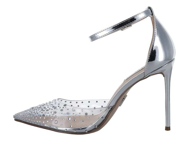 Zapato de tacón alto color plata y transparente con pedrería y correa al tobillo.