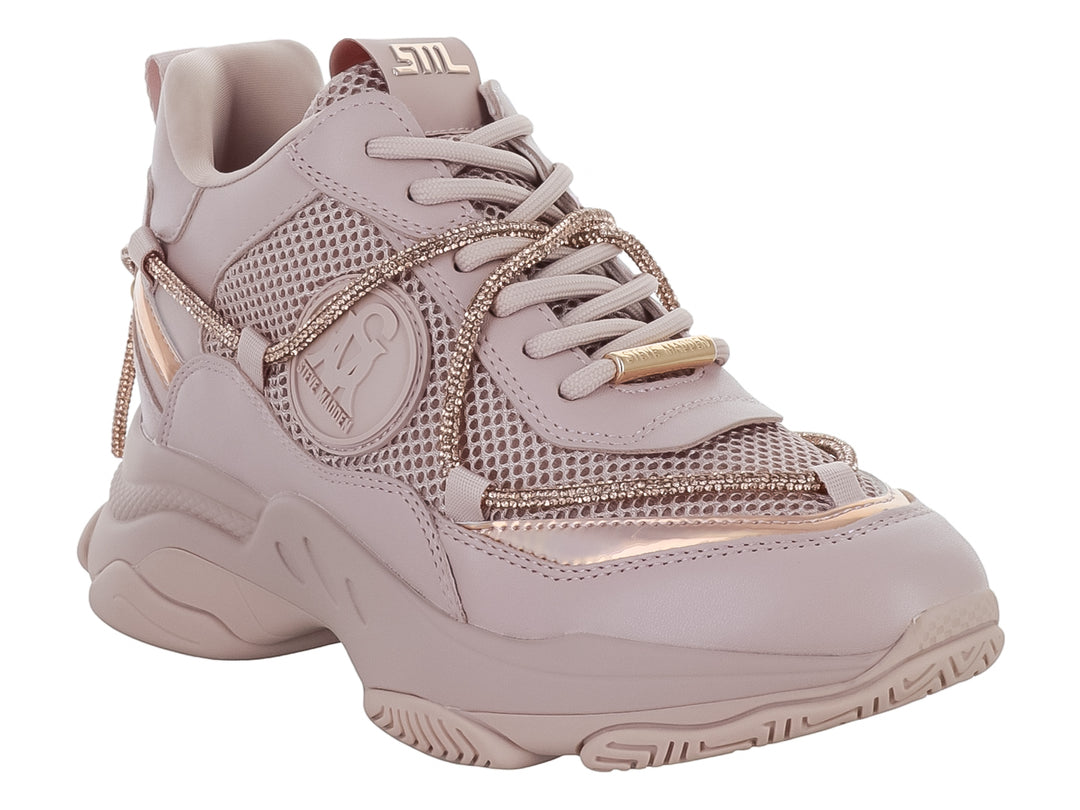 Tenis chunky Steve Madden color rose gold con detalles metálicos y malla.