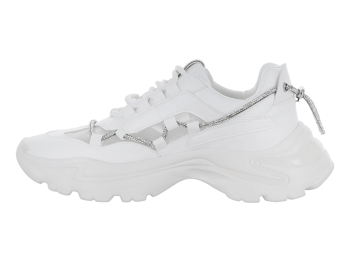 Tenis blancos de plataforma con detalles brillantes en color plata.