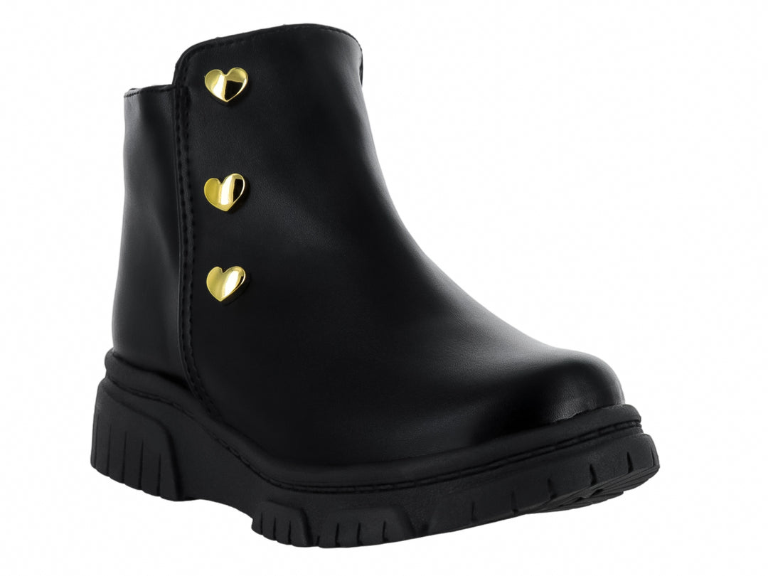 Botas negras para niña con tres adornos de corazones dorados laterales y suela gruesa negra.