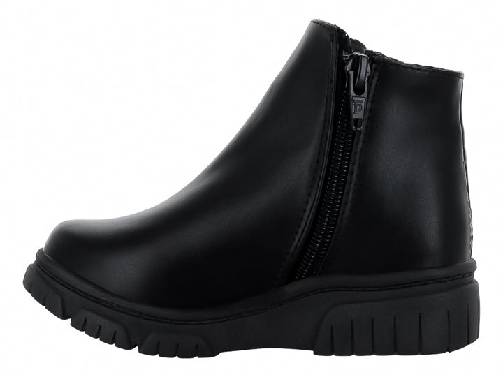 Botas negras para niña con tres adornos de corazones dorados laterales y suela gruesa negra.