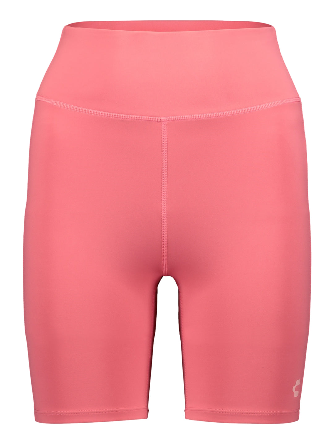 Mujer vistiendo mallas cortas tipo biker de color rosa de la marca Charly.