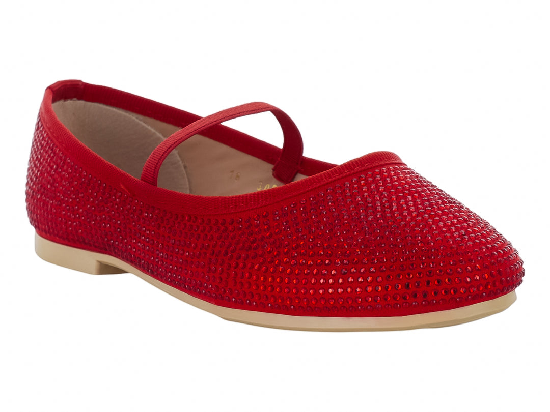 Zapato plano color rojo brillante con correa para niña.