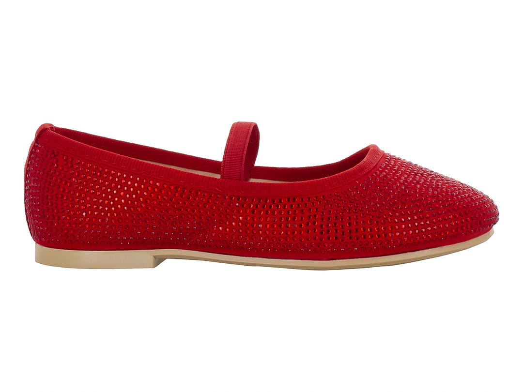 Zapato plano color rojo brillante con correa para niña.