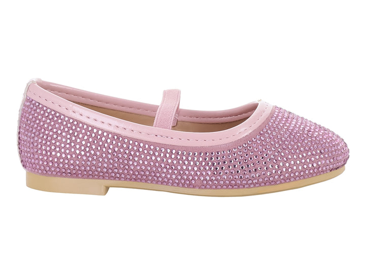 Zapato plano tipo baleta color rosa antiguo con superficie cubierta de brillantes.