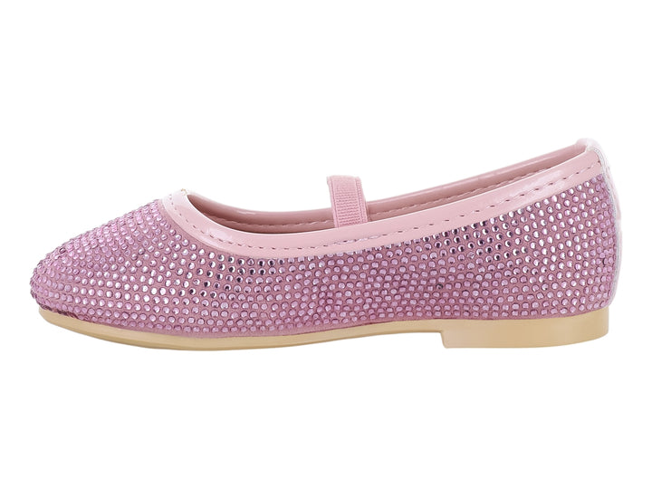 Zapato plano tipo baleta color rosa antiguo con superficie cubierta de brillantes.