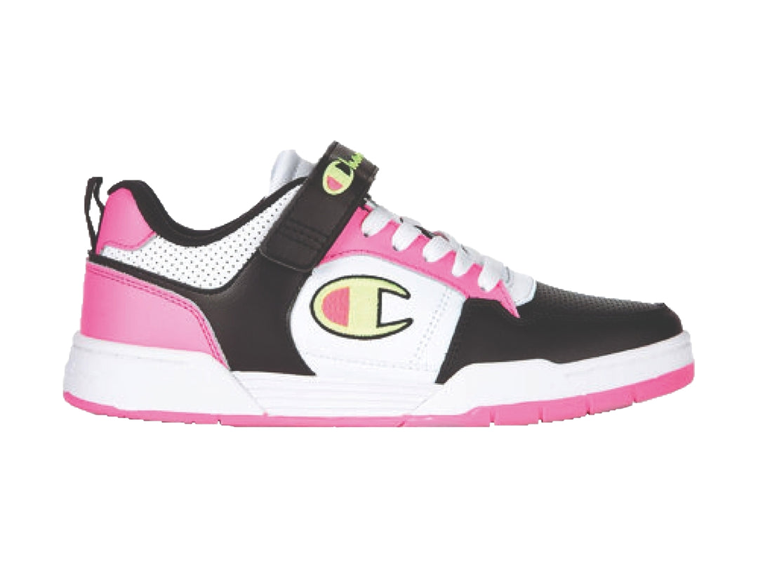 Tenis deportivos Champion de corte bajo en colores rosa, negro y blanco con cierre de velcro.