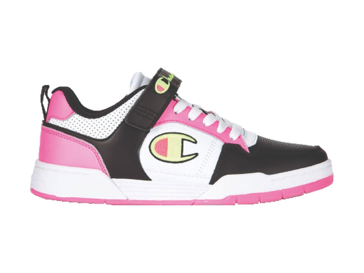 Tenis deportivos Champion de corte bajo en colores rosa, negro y blanco con cierre de velcro.