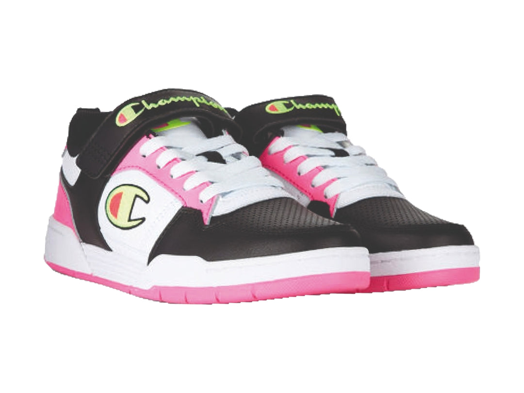 Tenis deportivos Champion de corte bajo en colores rosa, negro y blanco con cierre de velcro.