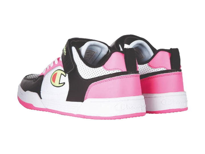 Tenis deportivos Champion de corte bajo en colores rosa, negro y blanco con cierre de velcro.