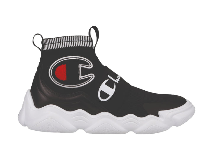 Tenis Champion modelo Rally Pro en color negro con suela blanca ondulada y diseño tipo calcetín.
