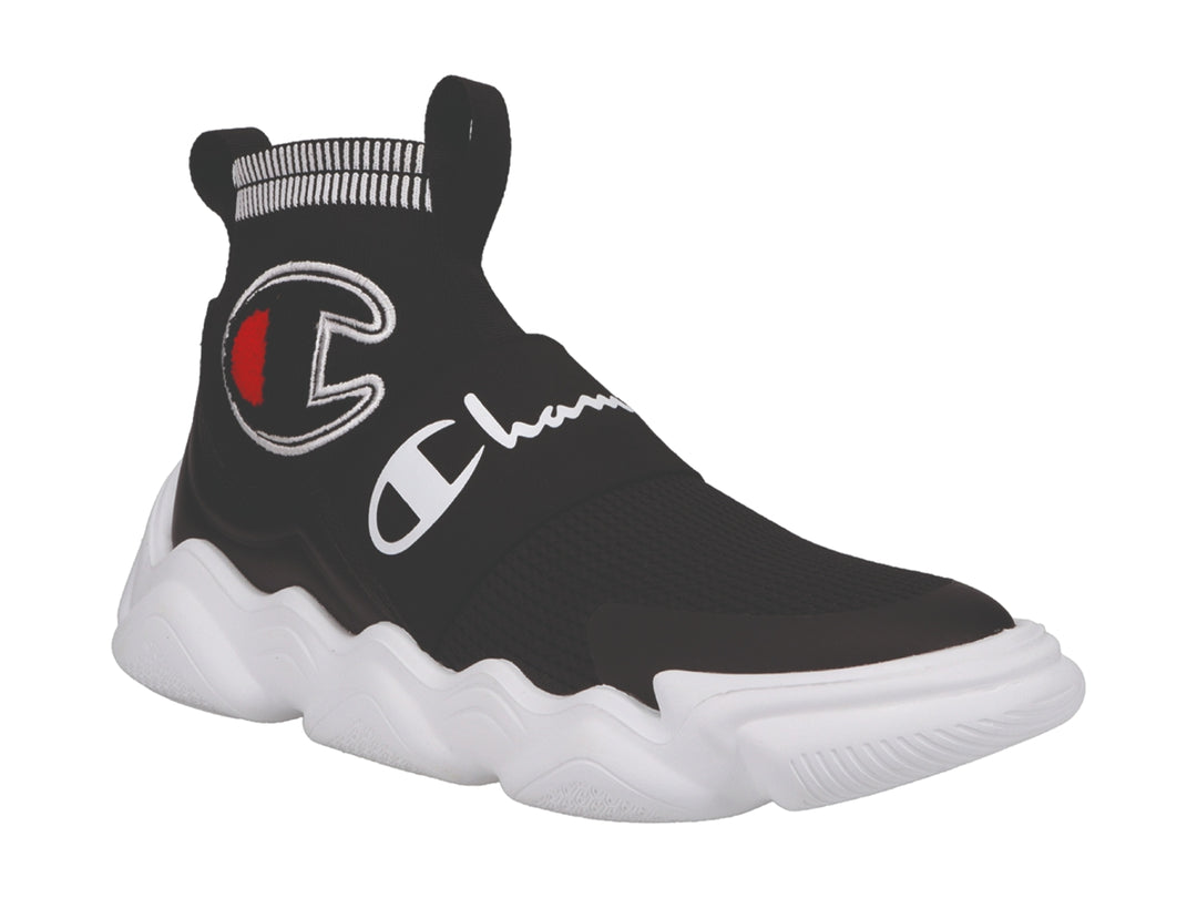 Tenis Champion modelo Rally Pro en color negro con suela blanca ondulada y diseño tipo calcetín.