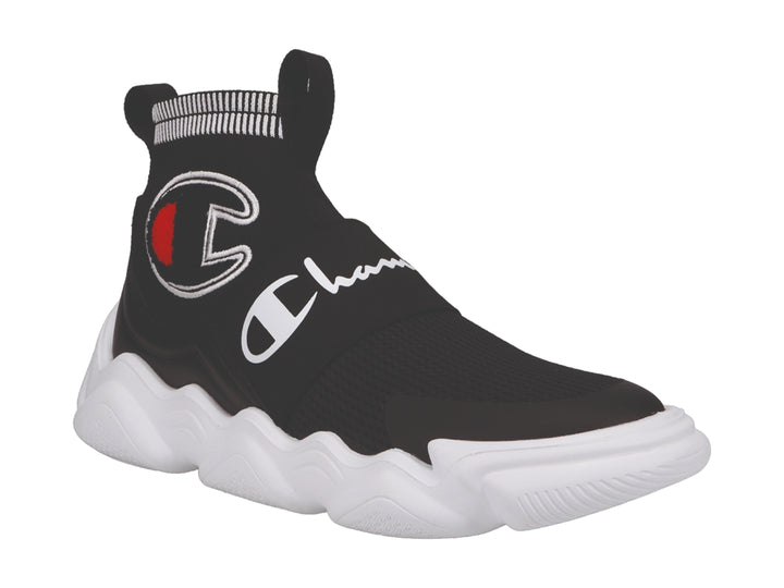 Tenis Champion modelo Rally Pro en color negro con suela blanca ondulada y diseño tipo calcetín.