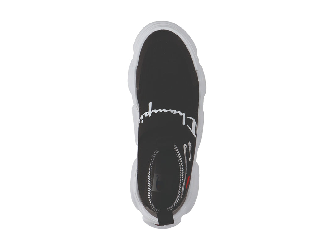Tenis Champion modelo Rally Pro en color negro con suela blanca ondulada y diseño tipo calcetín.