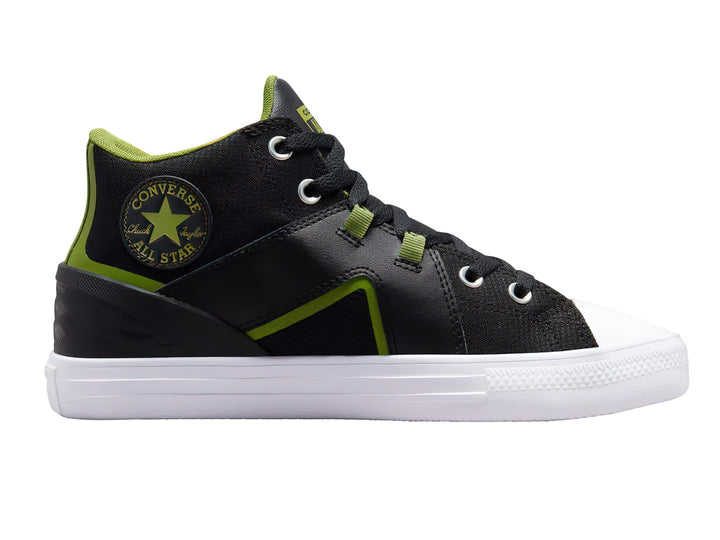 Tenis Converse Chuck Taylor All Star Flux Ultra Mid color negro con detalles verde lima y suela blanca.