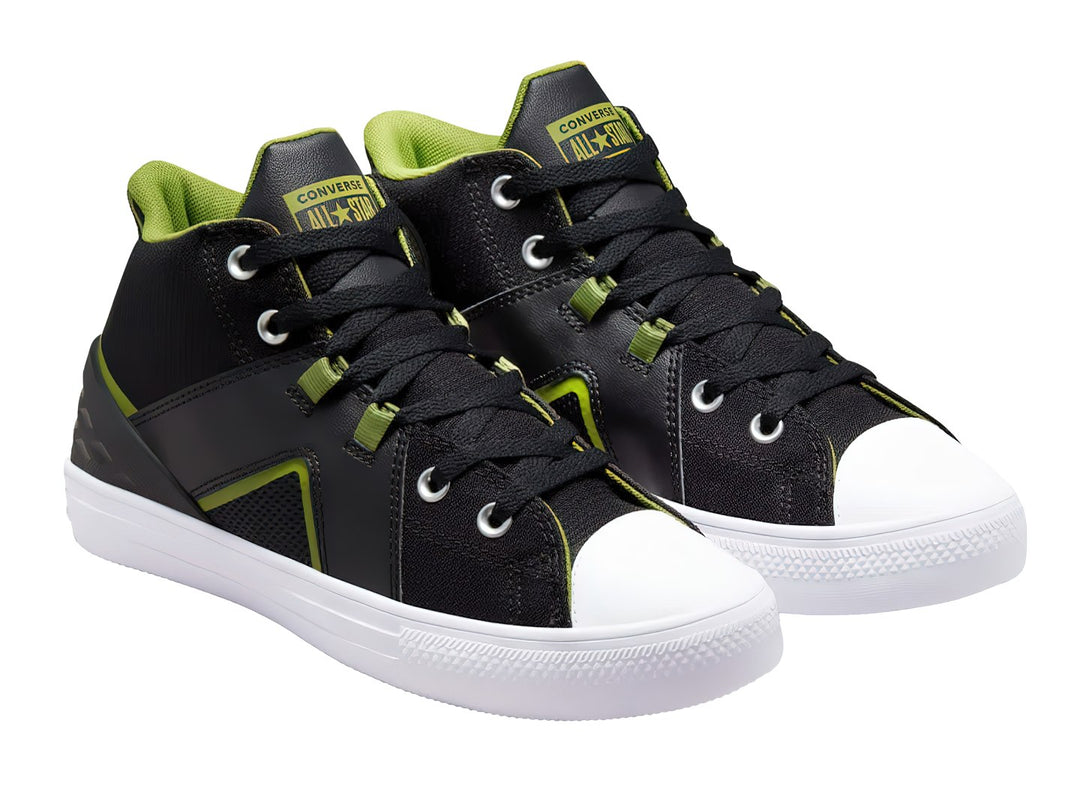Tenis Converse Chuck Taylor All Star Flux Ultra Mid color negro con detalles verde lima y suela blanca.