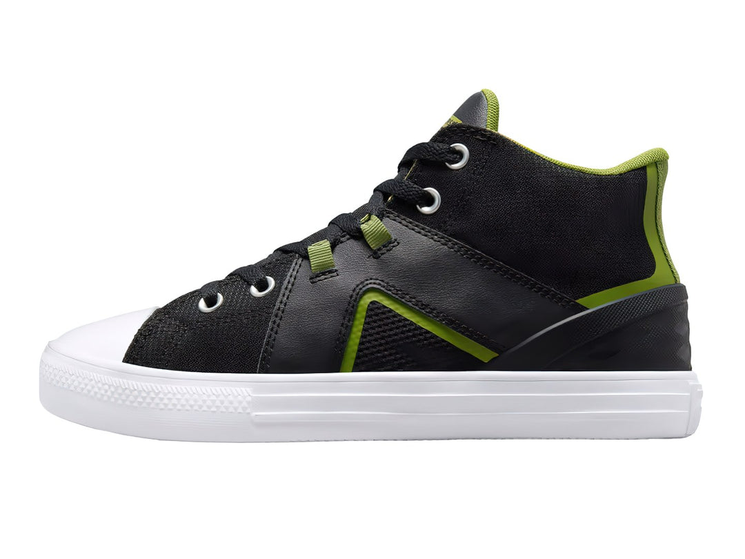 Tenis Converse Chuck Taylor All Star Flux Ultra Mid color negro con detalles verde lima y suela blanca.
