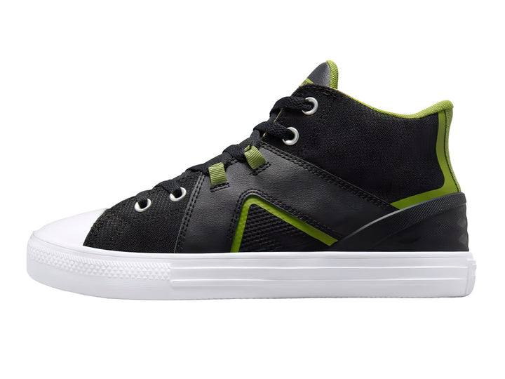 Tenis Converse Chuck Taylor All Star Flux Ultra Mid color negro con detalles verde lima y suela blanca.
