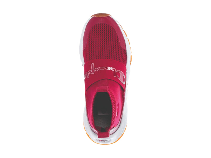Tenis deportivos Champion color cranberry con suela blanca y diseño tipo calcetín sin cordones.