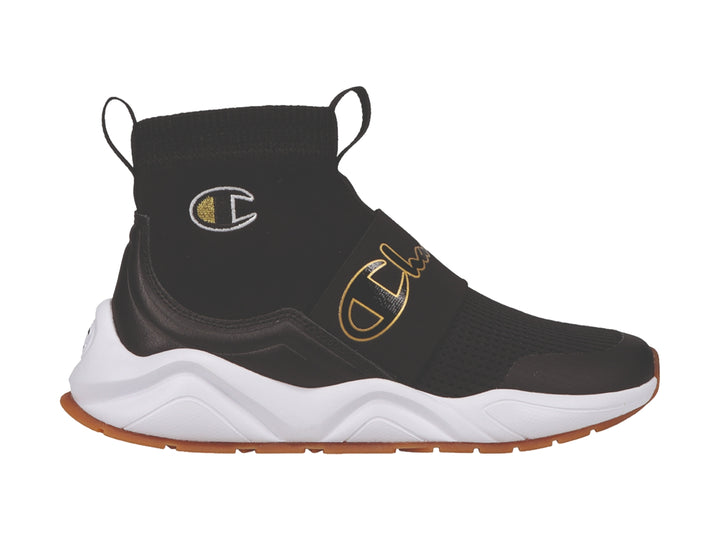 Tenis deportivos Champion Rally Pro color negro con suela blanca y detalles dorados.