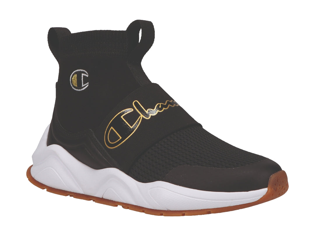 Tenis deportivos Champion Rally Pro color negro con suela blanca y detalles dorados.