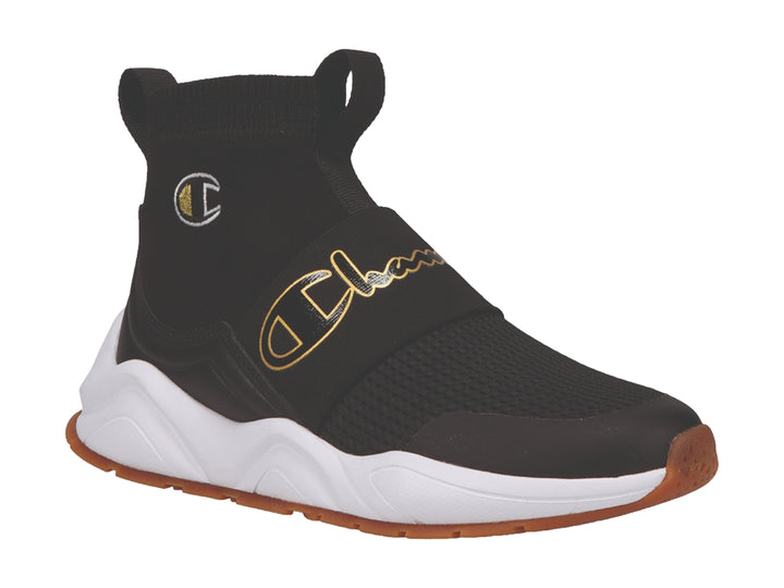 Tenis deportivos Champion Rally Pro color negro con suela blanca y detalles dorados.