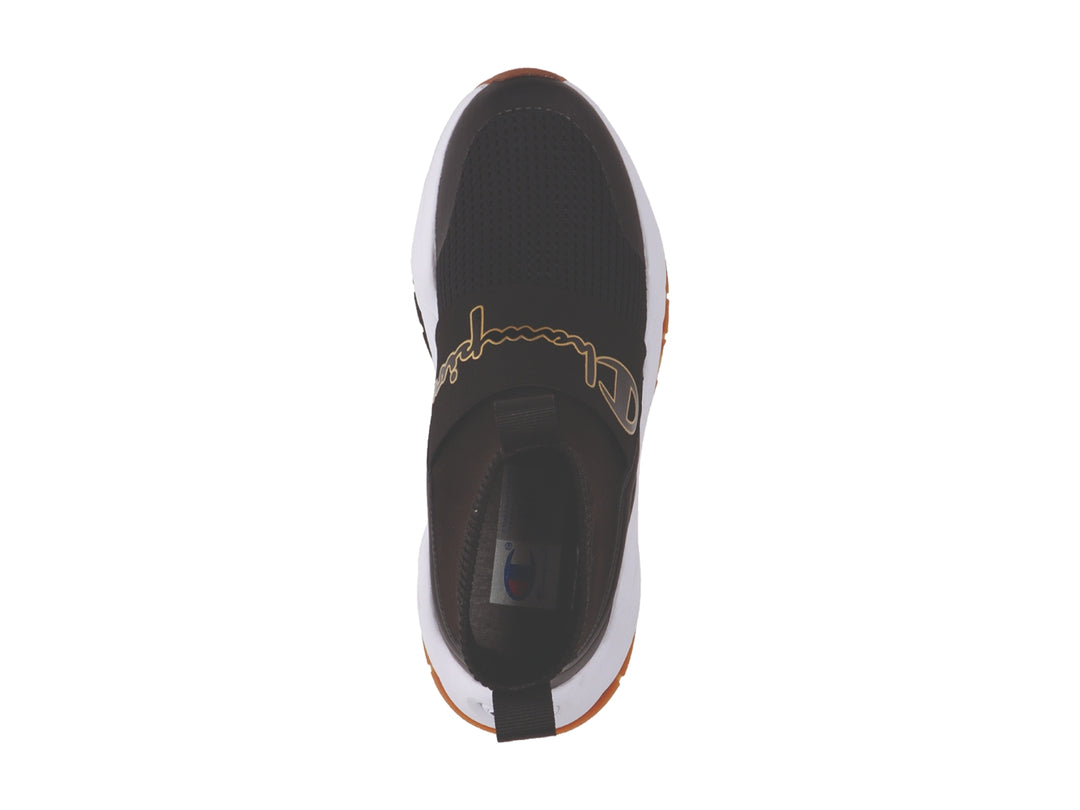 Tenis deportivos Champion Rally Pro color negro con suela blanca y detalles dorados.