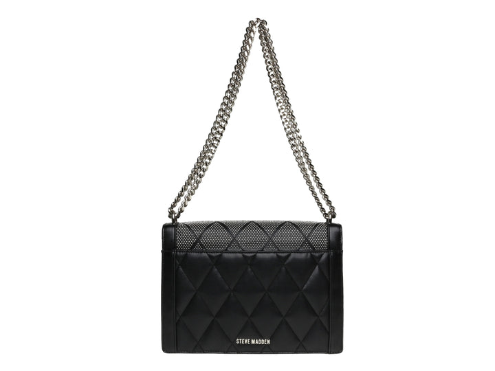 Bolso de hombro Steve Madden color negro y plata con textura acolchada y correa de cadena metálica.