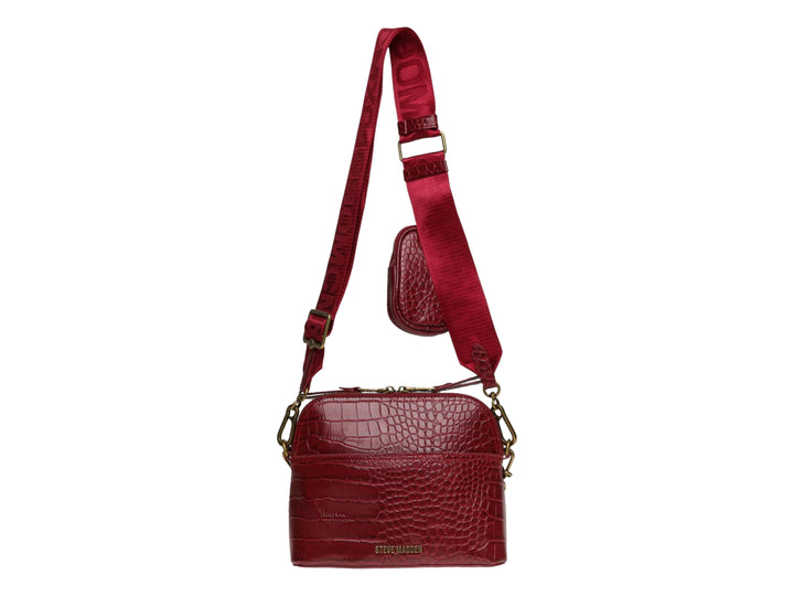 Bolso rojo Steve Madden con textura de cocodrilo, cadena dorada y correa ancha.