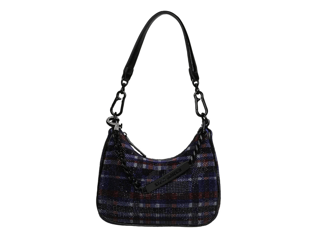 Bolso hobo Steve Madden con estampado de cuadros morados y negros, asa larga y detalle de cadena.