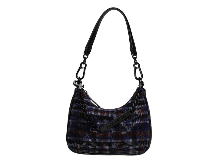 Bolso hobo Steve Madden con estampado de cuadros morados y negros, asa larga y detalle de cadena.