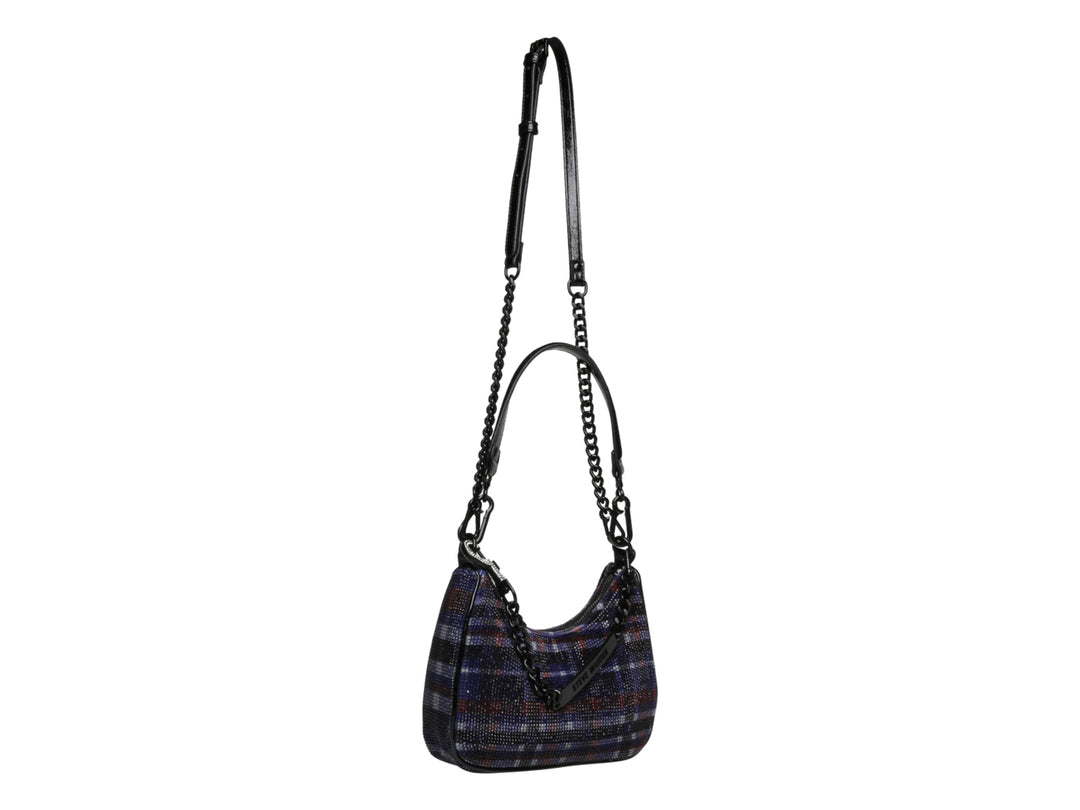 Bolso hobo Steve Madden con estampado de cuadros morados y negros, asa larga y detalle de cadena.