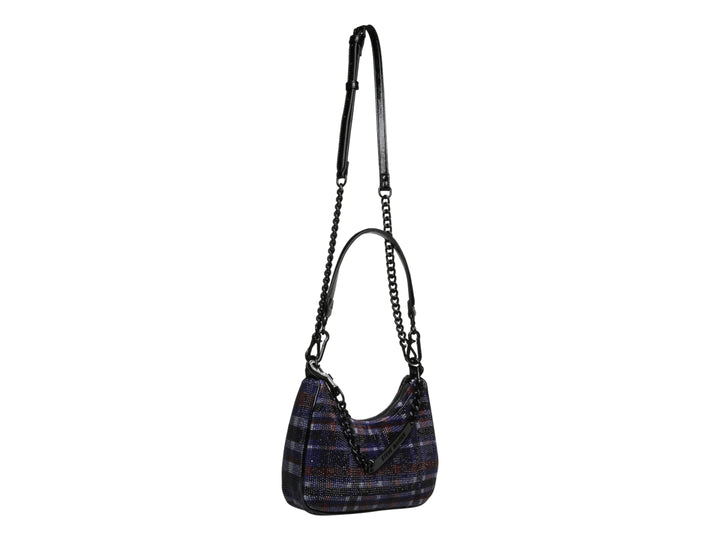 Bolso hobo Steve Madden con estampado de cuadros morados y negros, asa larga y detalle de cadena.