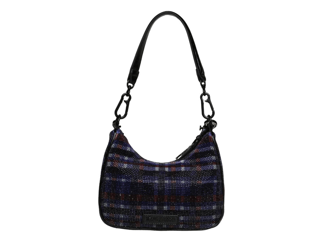 Bolso hobo Steve Madden con estampado de cuadros morados y negros, asa larga y detalle de cadena.