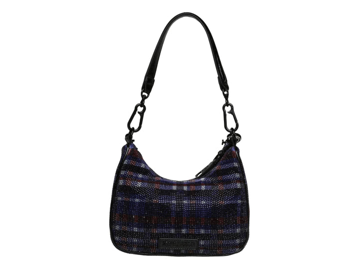 Bolso hobo Steve Madden con estampado de cuadros morados y negros, asa larga y detalle de cadena.