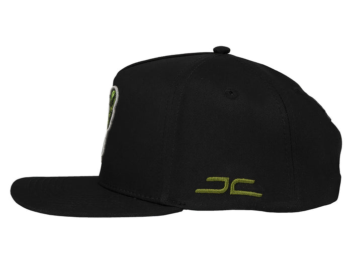 Gorra snapback color negro con un bordado frontal de un helado de color verde y cono naranja.
