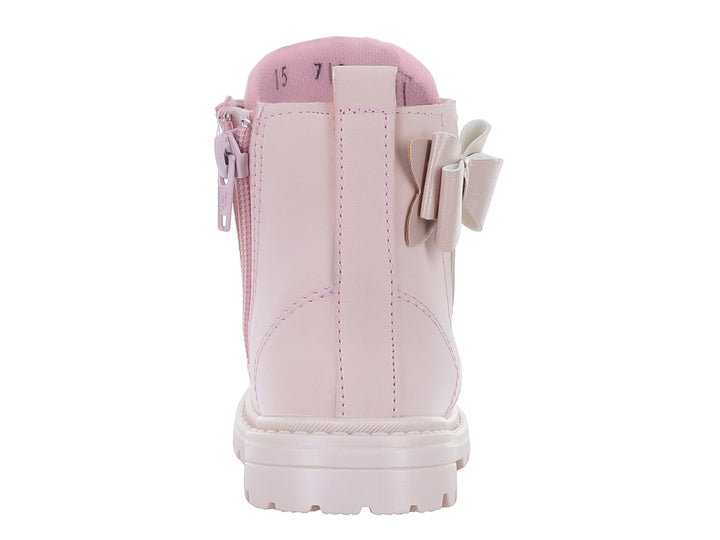 Bota infantil de color rosa con moño decorativo y suela track.
