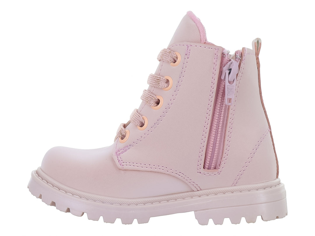 Bota infantil de color rosa con moño decorativo y suela track.