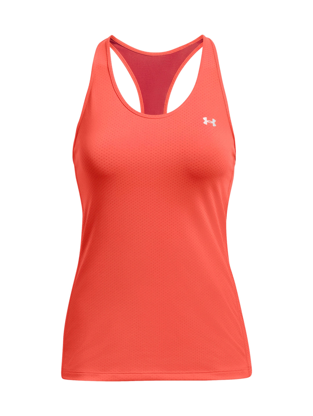 Mujer vistiendo una camiseta deportiva sin mangas de color naranja marca Under Armour.