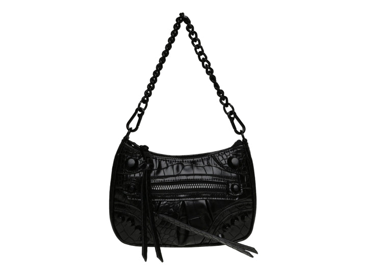 Bolso negro de Steve Madden con textura de cocodrilo, asa de cadena y detalles de cremallera.