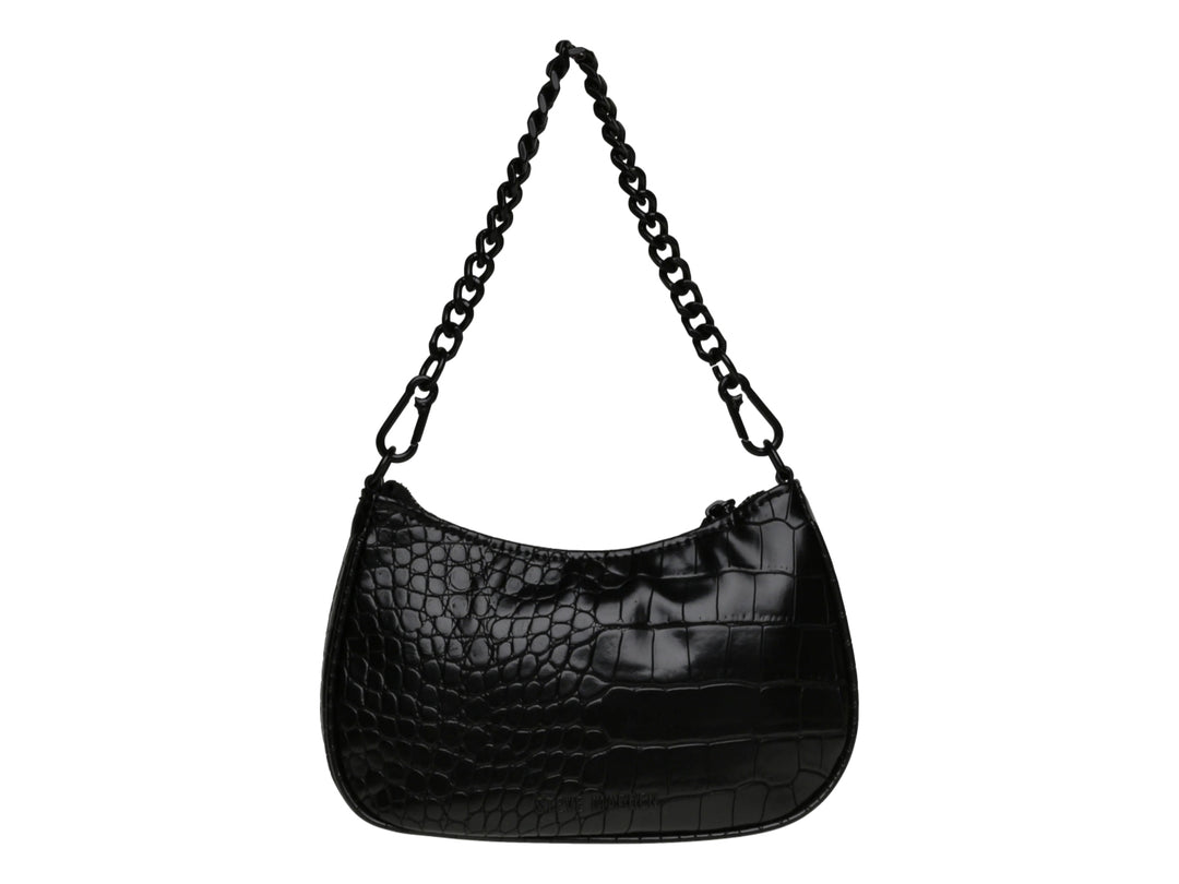 Bolso negro de Steve Madden con textura de cocodrilo, asa de cadena y detalles de cremallera.