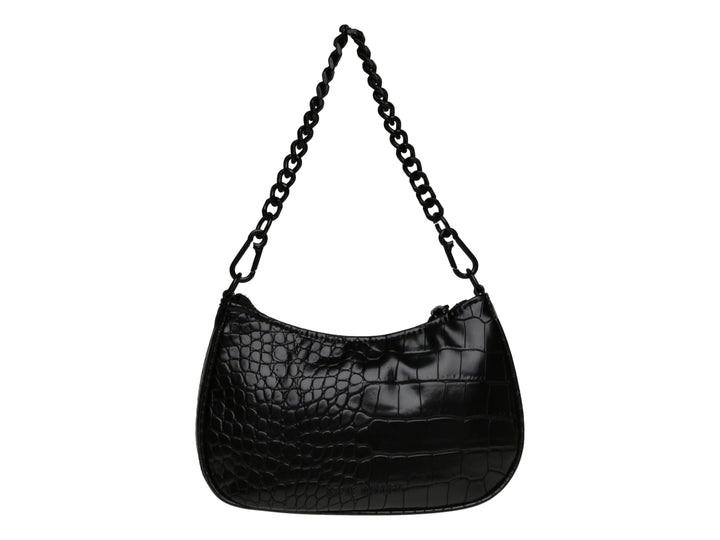 Bolso negro de Steve Madden con textura de cocodrilo, asa de cadena y detalles de cremallera.