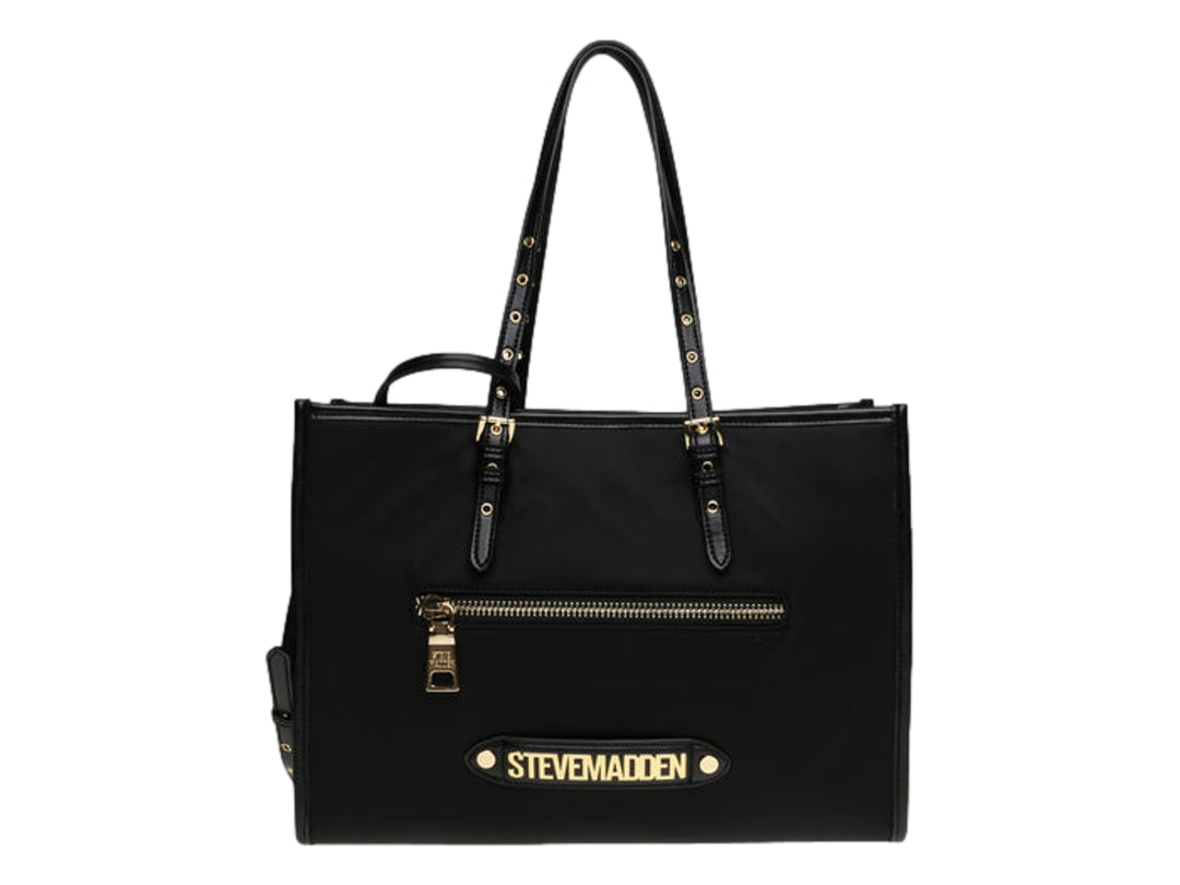 Bolso tote negro de Steve Madden con detalles y logotipo en color dorado.