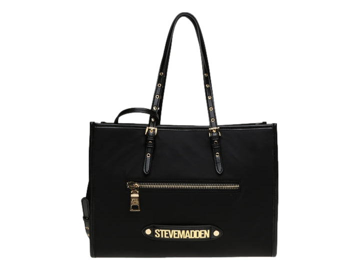 Bolso tote negro de Steve Madden con detalles y logotipo en color dorado.